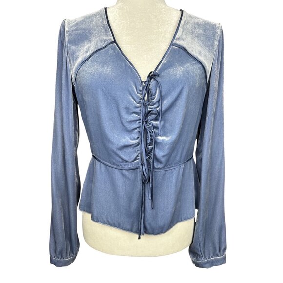 Intermix Blue Velvet Top Size 4 Long Sleeve Peplum Tie Front Boho Fairy Goth - Picture 2 of 15